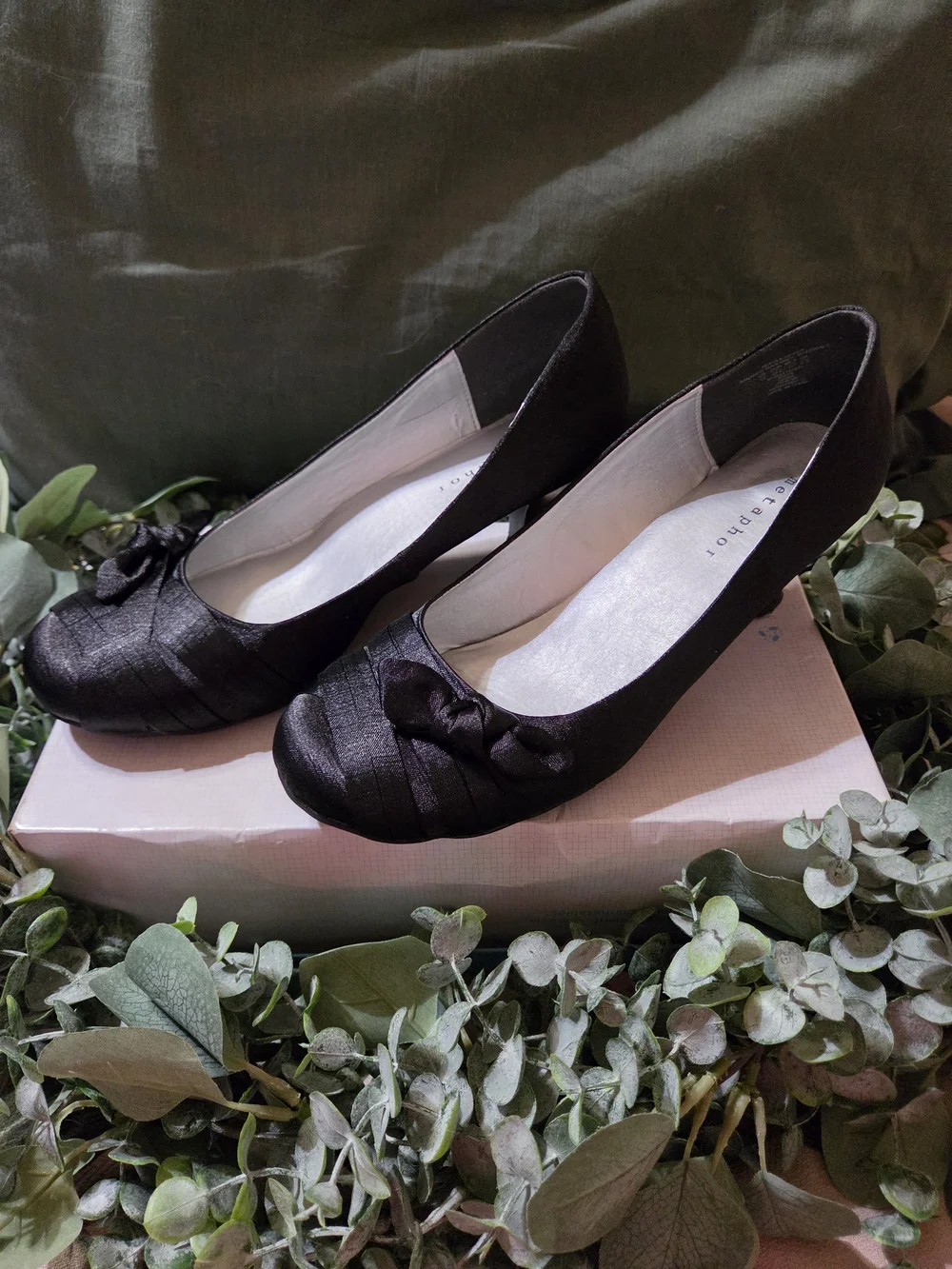 Metaphor Black Satin Mid Heel Pumps with Bow